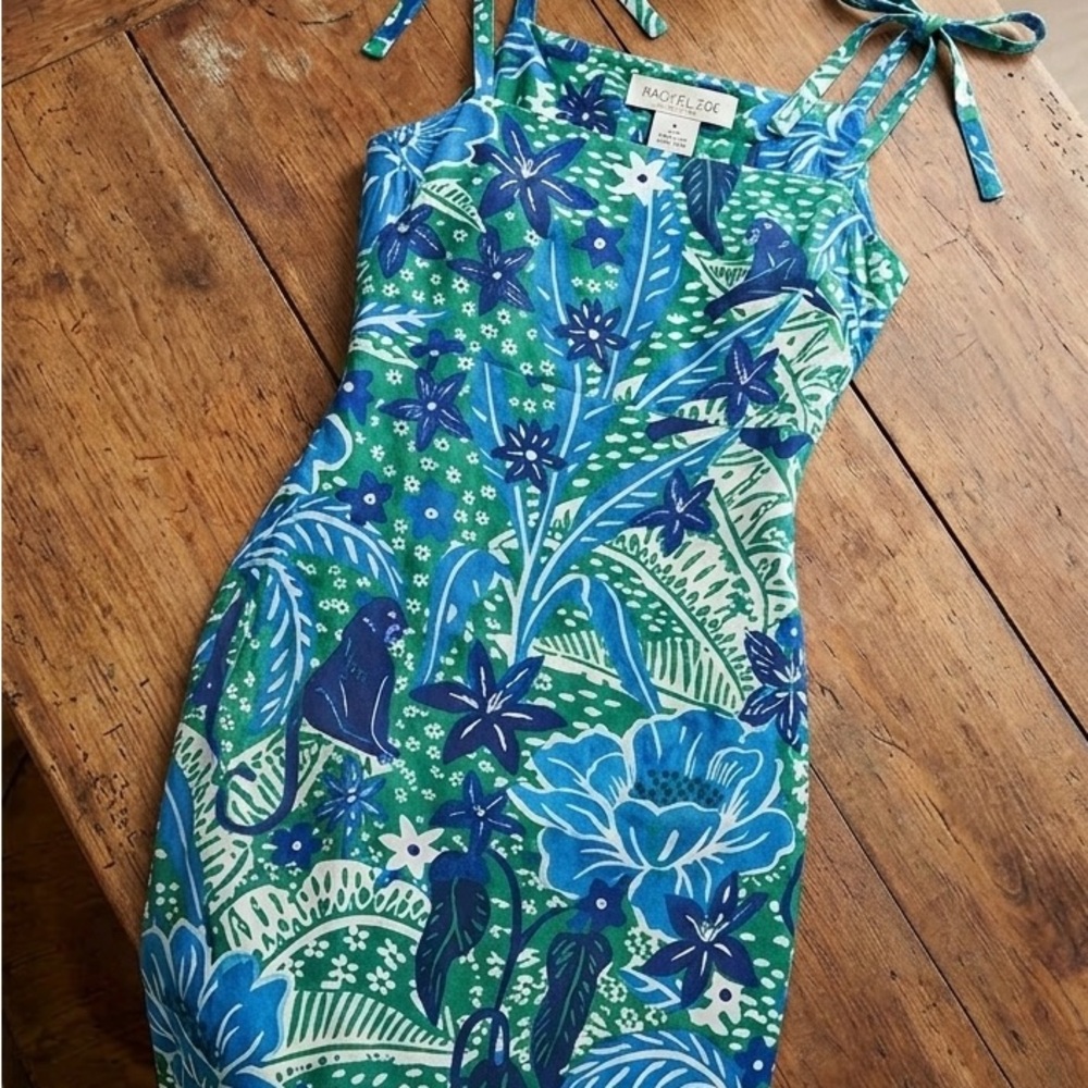 RACHEL ZOE Botanical Jungle Tropical Tie-Strap Midi Dress XS NWOT